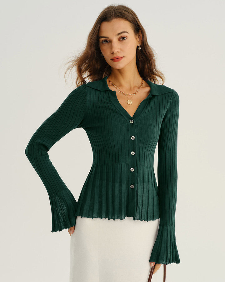 Morgan and Brooke | Green V-Neck Bell Sleeve Knit Cardigan