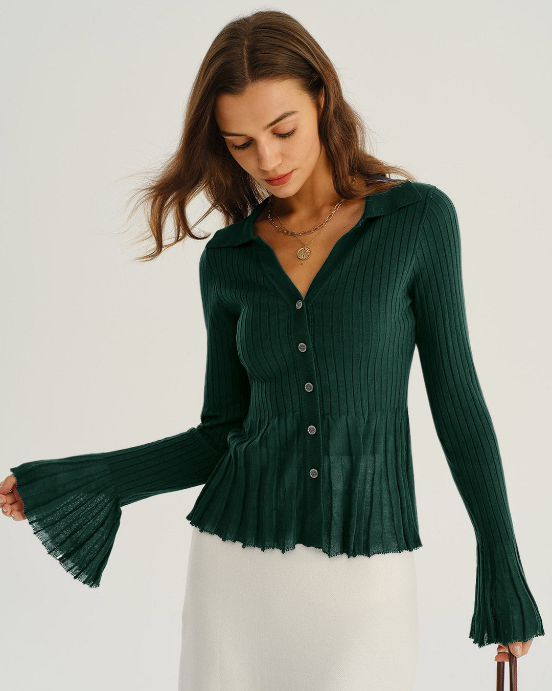 Morgan and Brooke | Green V-Neck Bell Sleeve Knit Cardigan