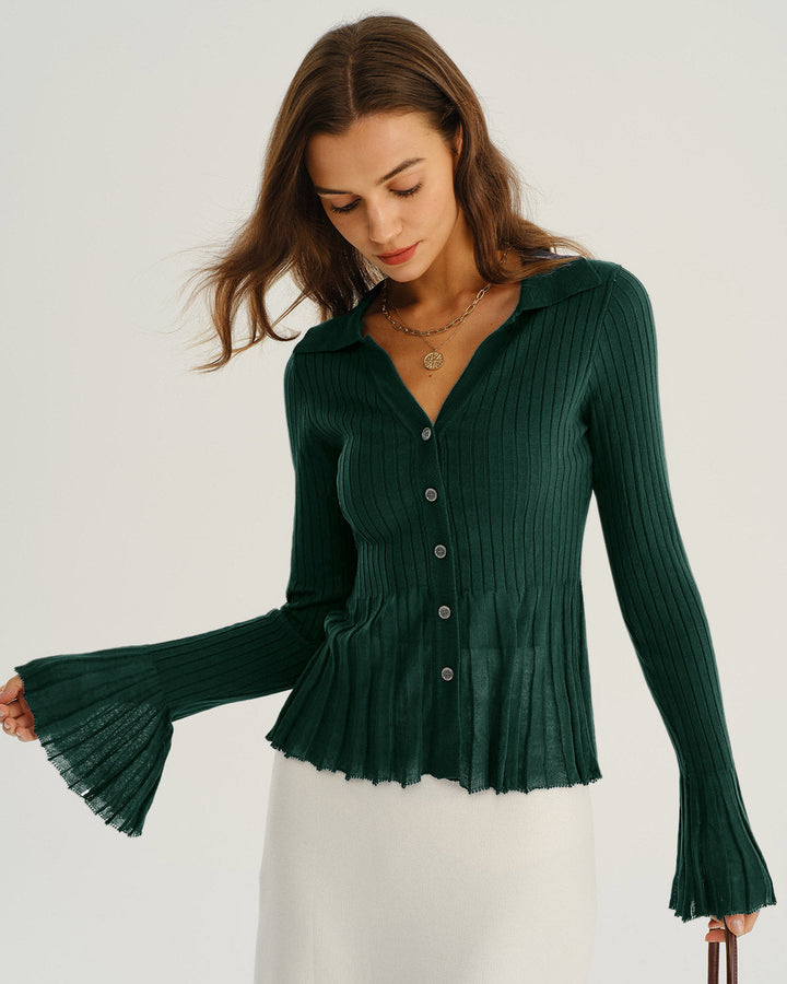Morgan and Brooke | Green V-Neck Bell Sleeve Knit Cardigan