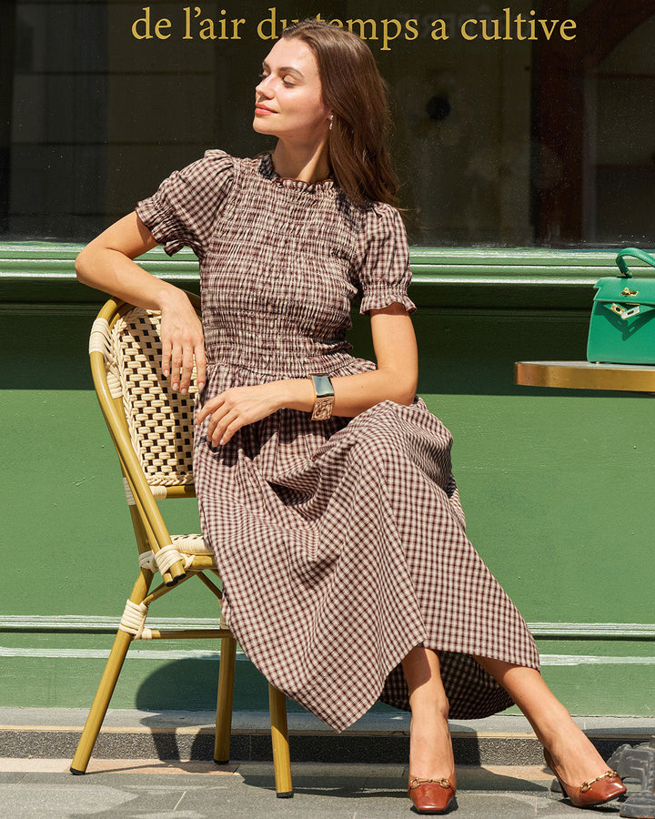 Morgan and Brooke | Plaid Shirred Puffed Sleeve Midi Dress