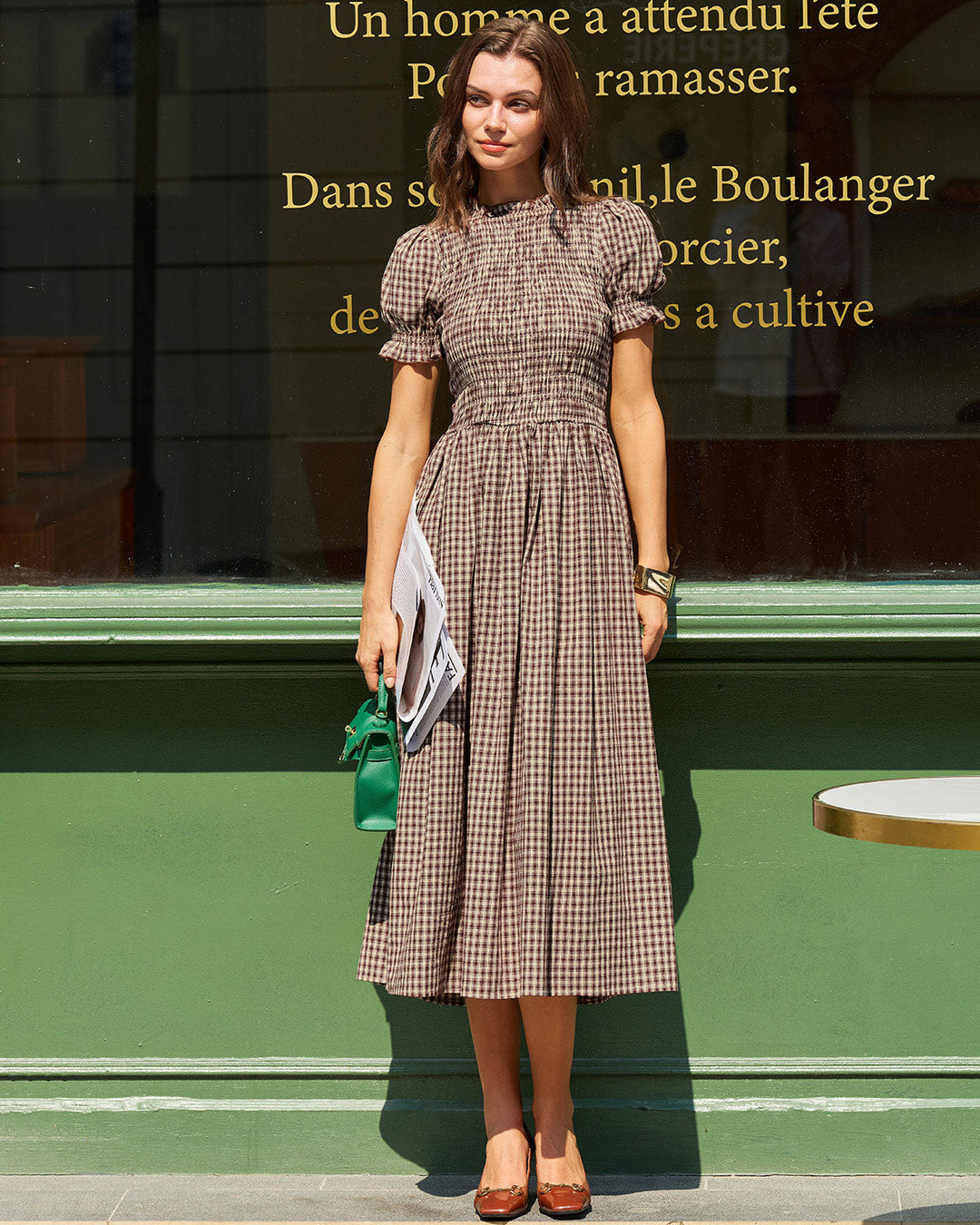 Morgan and Brooke | Plaid Shirred Puffed Sleeve Midi Dress