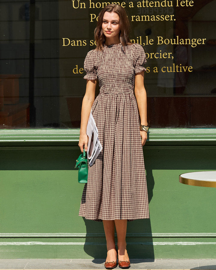 Morgan and Brooke | Plaid Shirred Puffed Sleeve Midi Dress