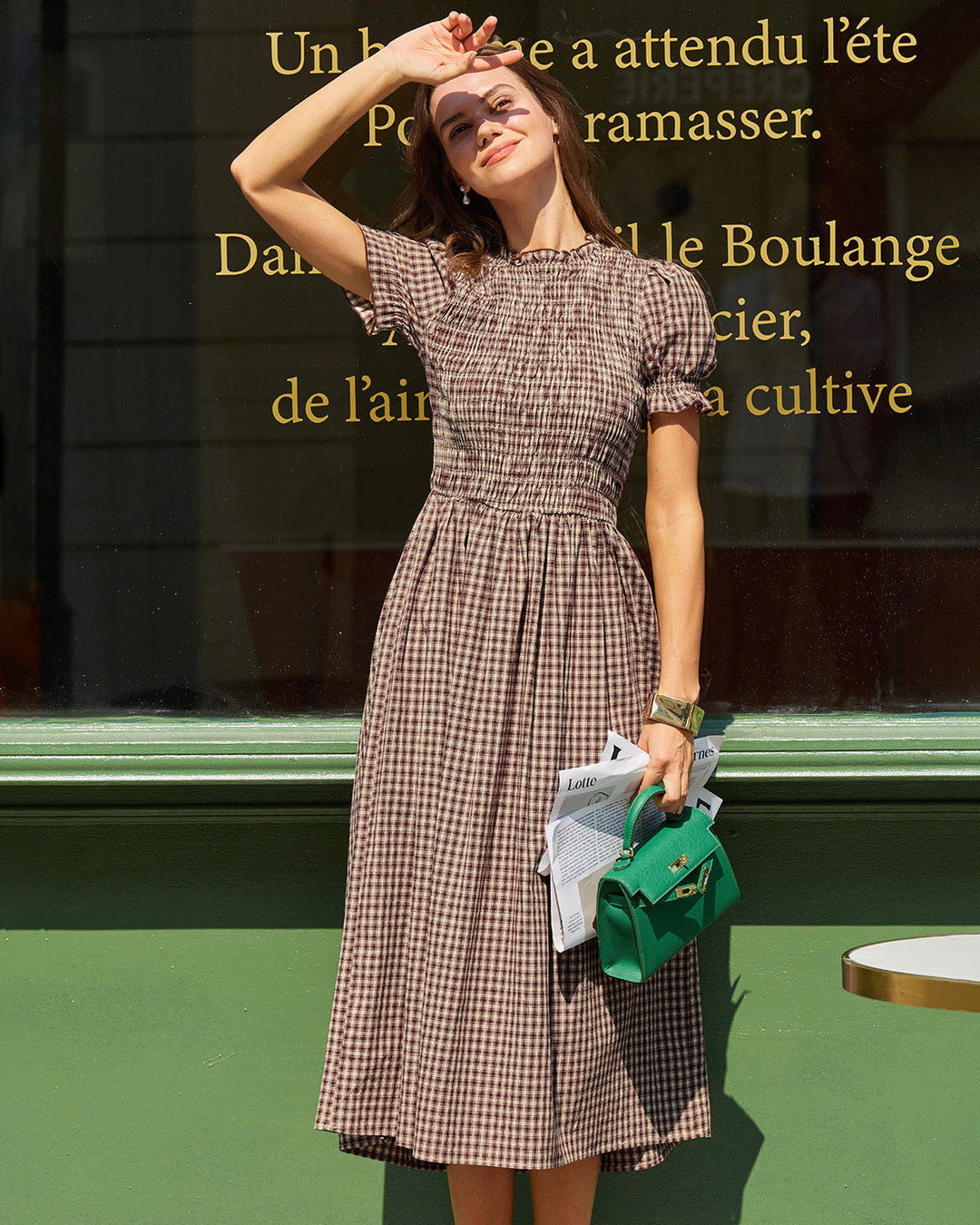 Morgan and Brooke | Plaid Shirred Puffed Sleeve Midi Dress