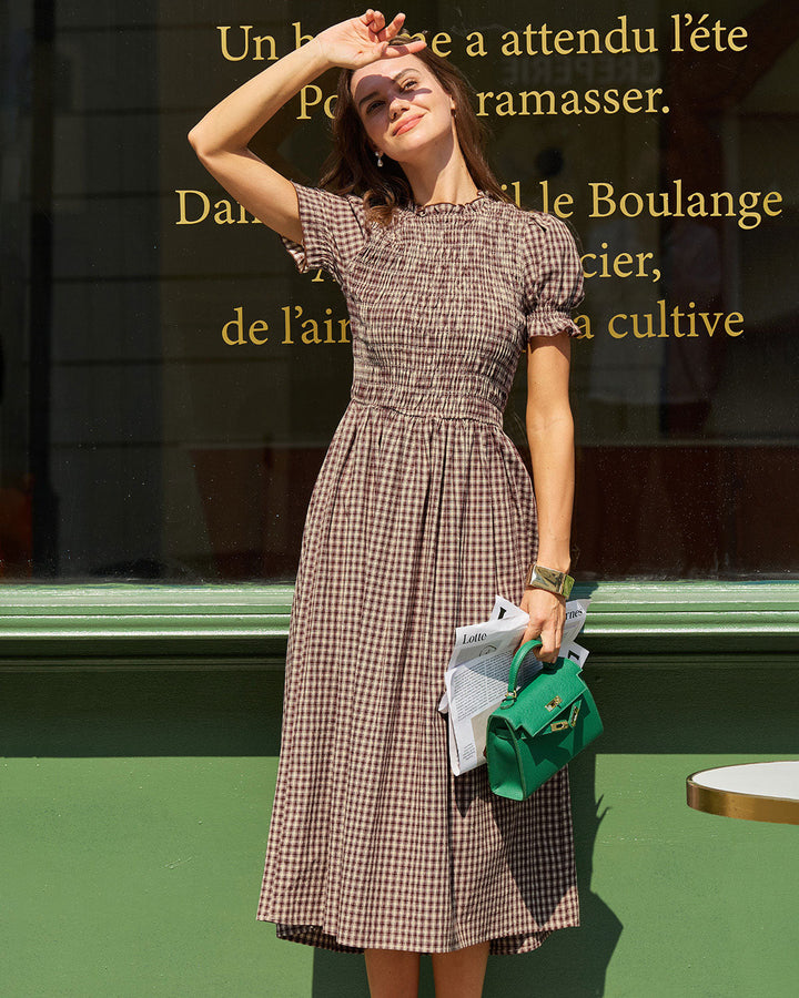 Morgan and Brooke | Plaid Shirred Puffed Sleeve Midi Dress