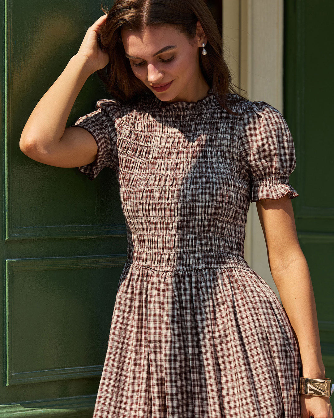 Morgan and Brooke | Plaid Shirred Puffed Sleeve Midi Dress