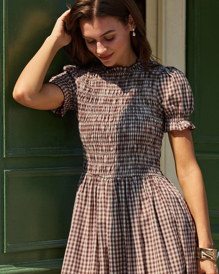 Morgan and Brooke | Plaid Shirred Puffed Sleeve Midi Dress
