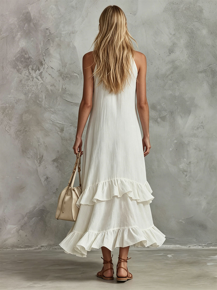 Morgan & Brooke | Retro-Elegant White Sleeveless Ruffled Cotton-Linen Dress