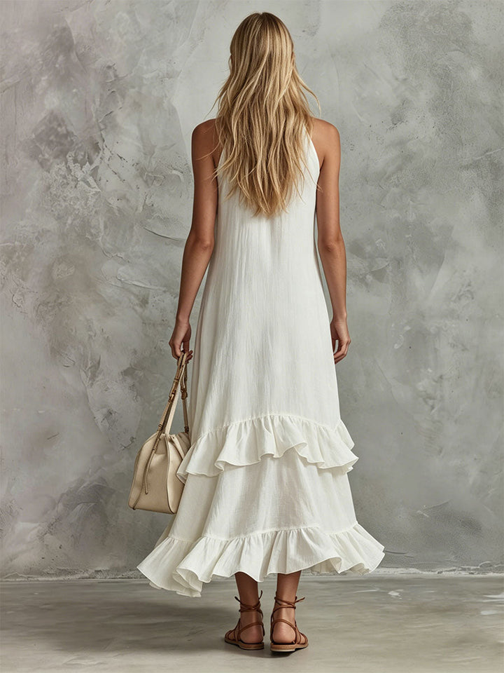 Morgan & Brooke | Retro-Elegant White Sleeveless Ruffled Cotton-Linen Dress
