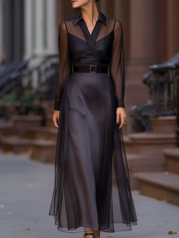 Morgan & Brooke | Sheer-Overlay Maxi Mesh Shirt Dress