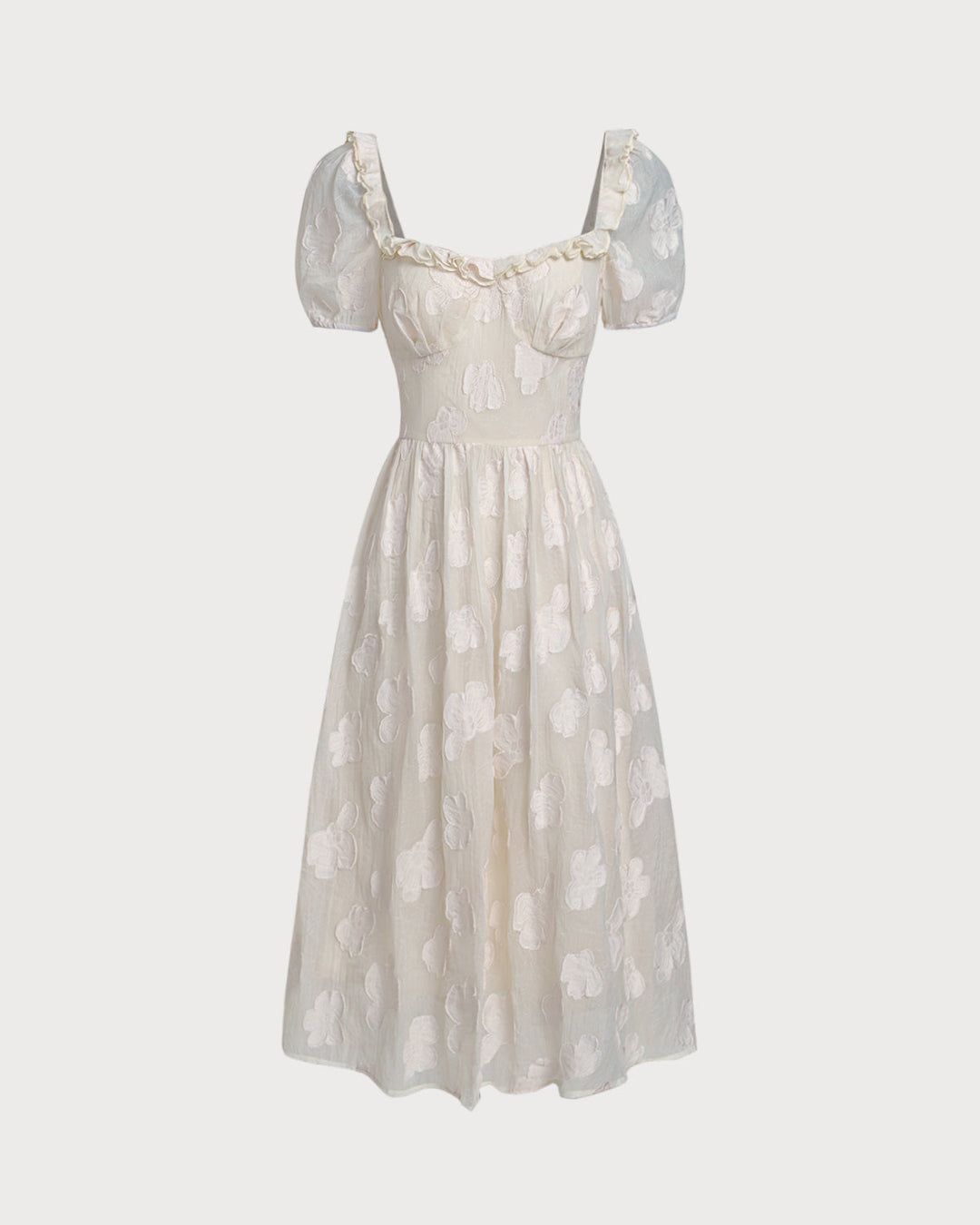 Morgan and Brooke | Beige Square Neck Puffed Sleeve Midi Dress
