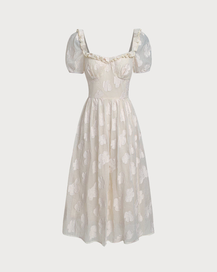 Morgan and Brooke | Beige Square Neck Puffed Sleeve Midi Dress