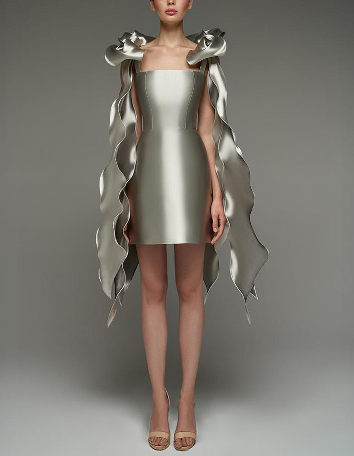 Morgan & Brooke | Silver Satin Cocktail Square Neck Dress