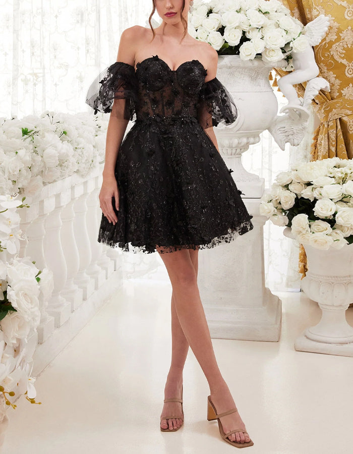 Morgan & Brooke | Black Tulle Cocktail Floral Puff Dress