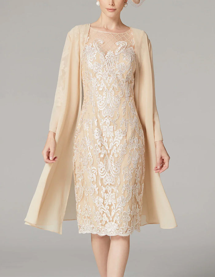 Morgan & Brooke | Apricot Chiffon Bodycon Embroidered Long Dress