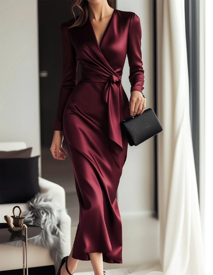 Morgan & Brooke | Burgundy Satin V-Neck Mermaid Long Dress