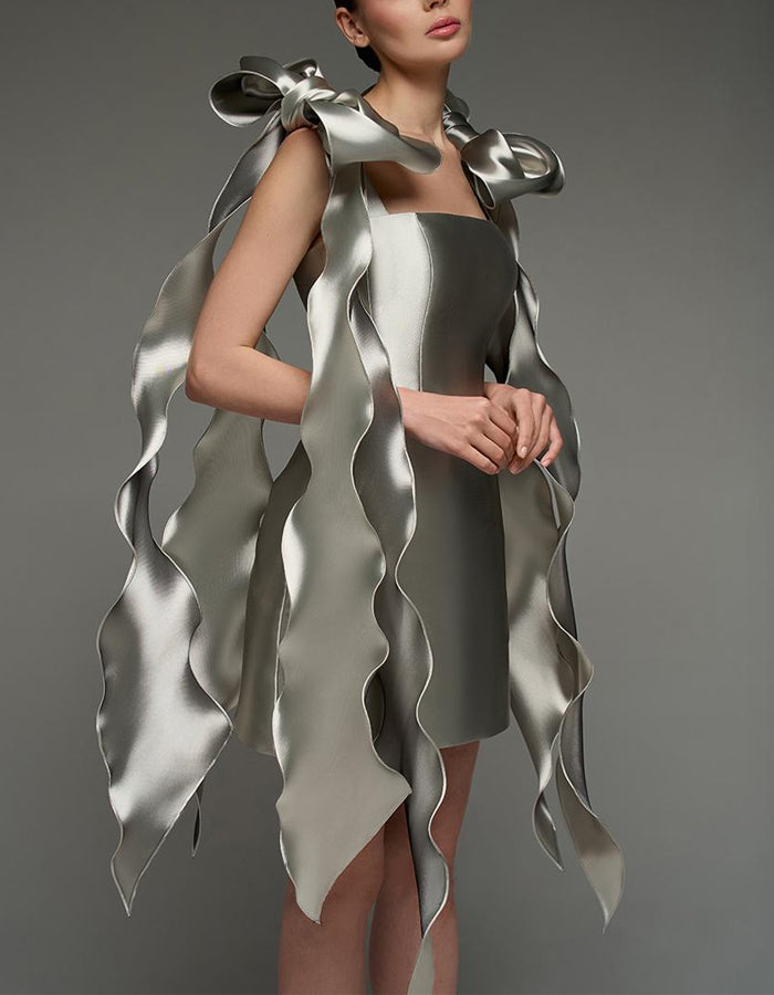 Morgan & Brooke | Silver Satin Cocktail Square Neck Dress
