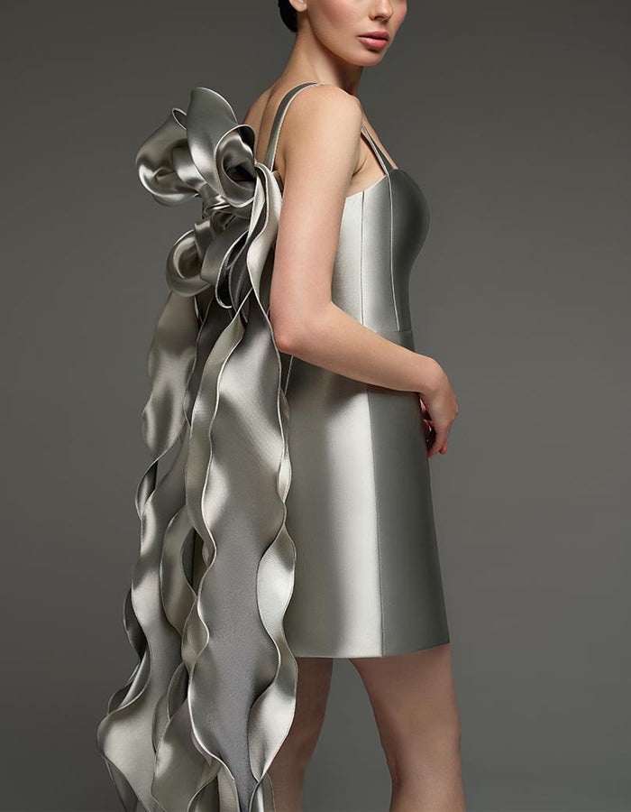 Morgan & Brooke | Silver Satin Cocktail Square Neck Dress