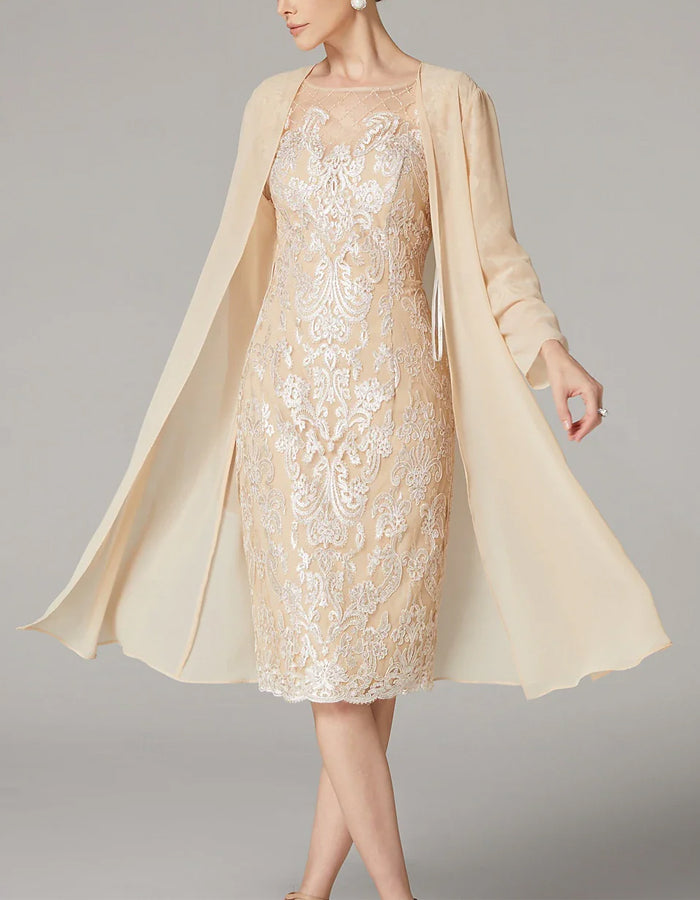 Morgan & Brooke | Apricot Chiffon Bodycon Embroidered Long Dress