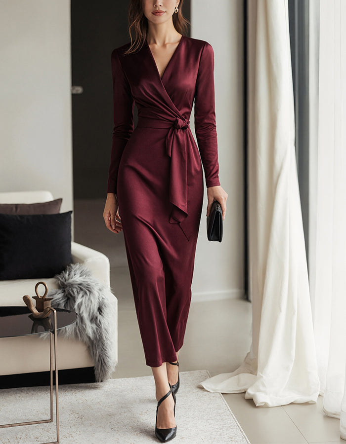 Morgan & Brooke | Burgundy Satin V-Neck Mermaid Long Dress