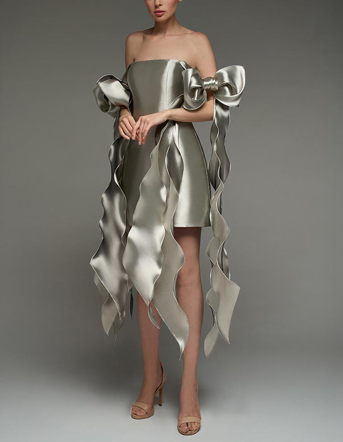 Morgan & Brooke | Silver Satin Cocktail Square Neck Dress