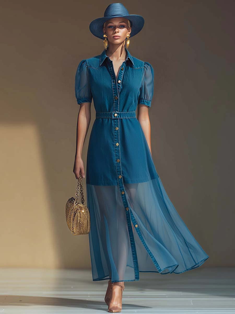 Morgan & Brooke | V-Neck Short-Sleeved Organza Blue Denim Dress