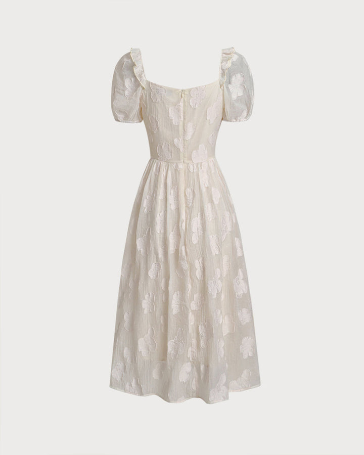 Morgan and Brooke | Beige Square Neck Puffed Sleeve Midi Dress