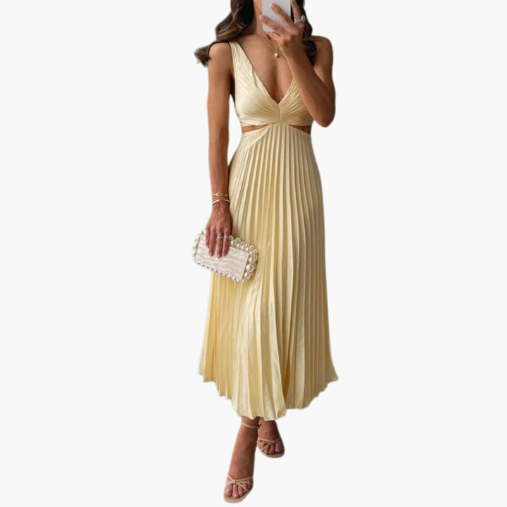 Morgan & Brooke | Ivory Pleated Neckline A-Line Crepe Dress