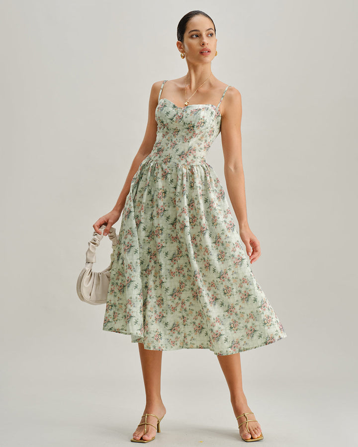 Morgan and Brooke | Floral Sweetheart Neck Pleated Midi Dress in Green