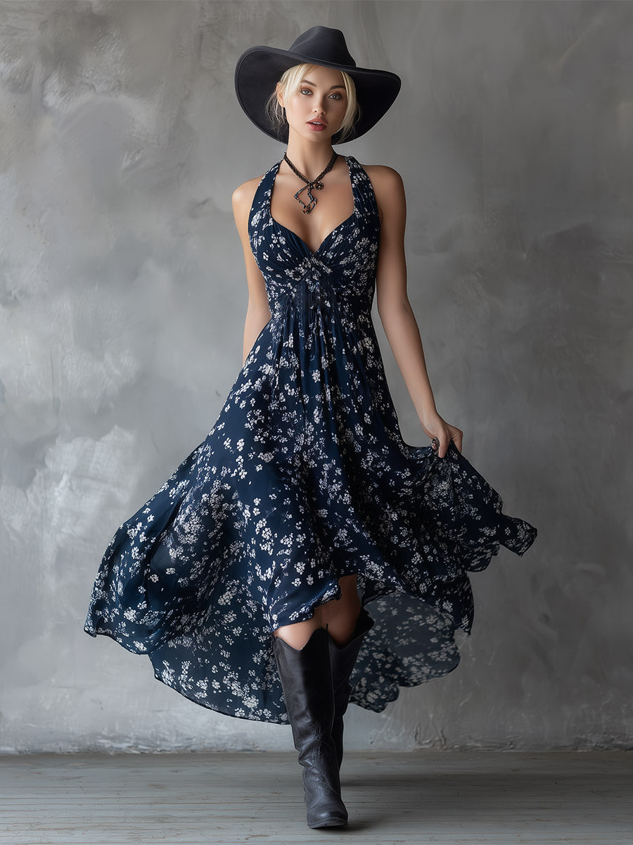 Morgan & Brooke | Navy Blue Chiffon Floral Dress