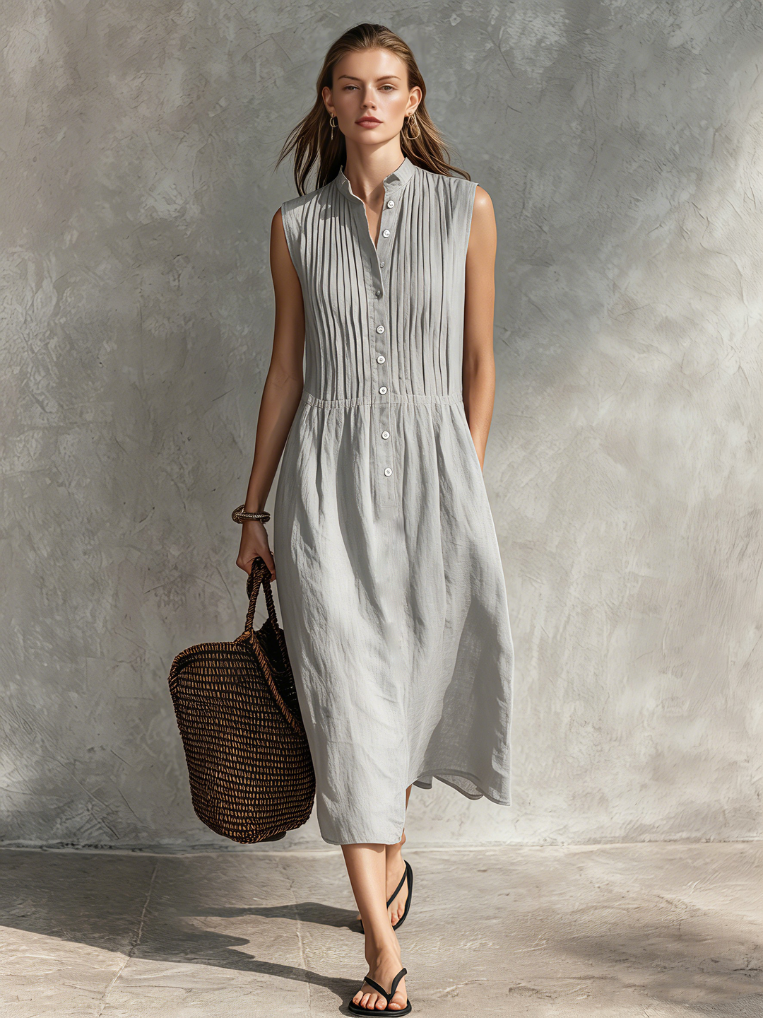 Morgan & Brooke | Casual Grey Cotton-Linen Sleeveless Dress