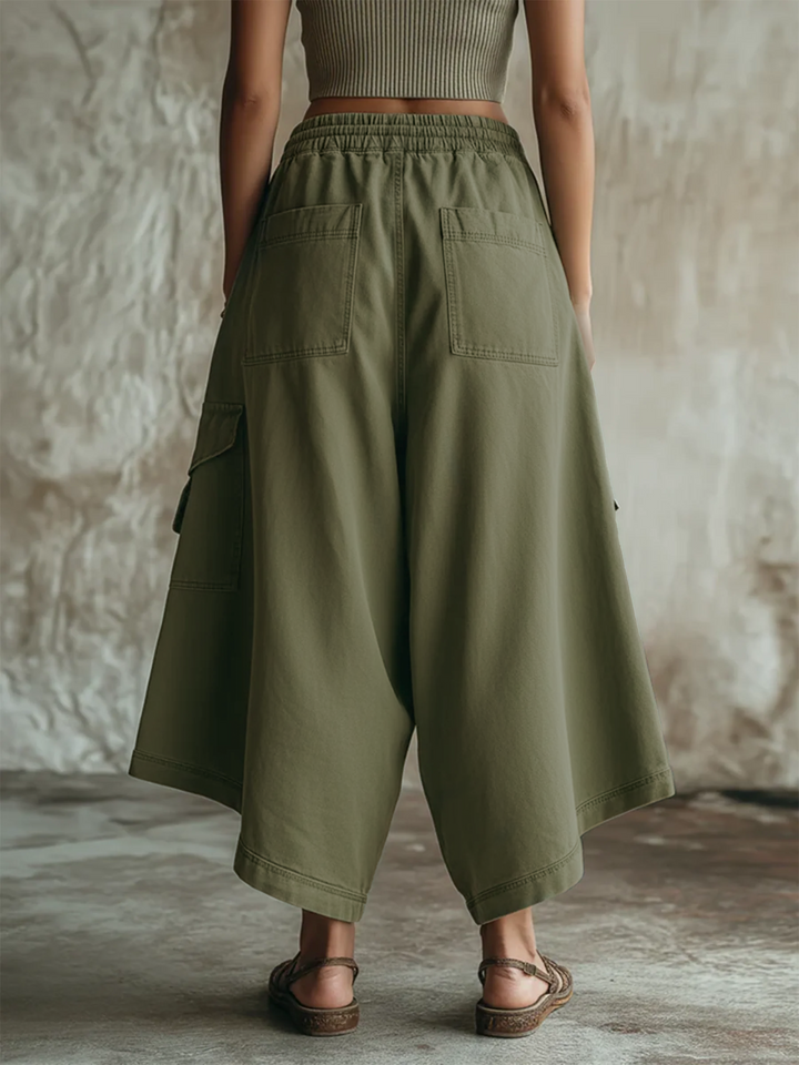 Morgan & Brooke | Olive Green Utility Wide-Leg Denim Culottes