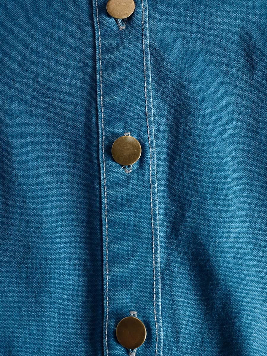 Morgan & Brooke | V-Neck Short-Sleeved Organza Blue Denim Dress