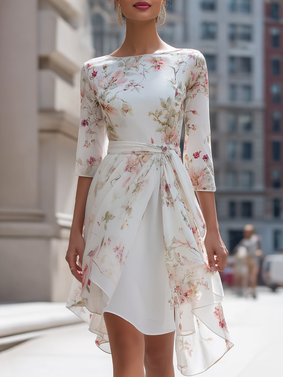 Morgan & Brooke | Floral Asymmetrical-Hem Waist-Tie Chiffon Midi Dress