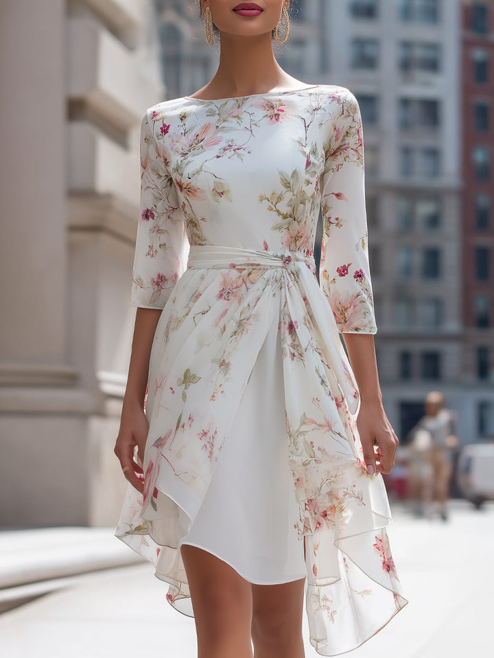 Morgan & Brooke | Floral Asymmetrical-Hem Waist-Tie Chiffon Midi Dress