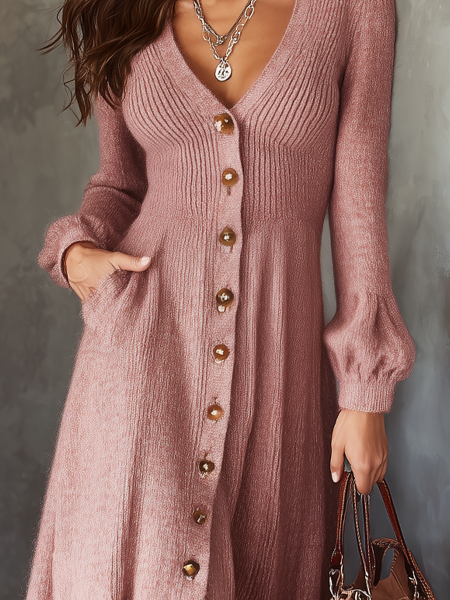 Morgan & Brooke | Charcoal V-Neck Buttoned Pockets Mohair Knit Midi Dress