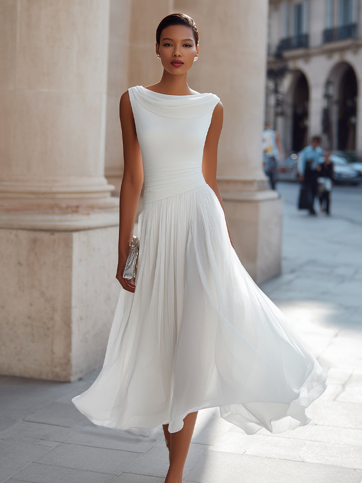 Morgan & Brooke | Draped Neck Sleeveless Pleated Midi Dress