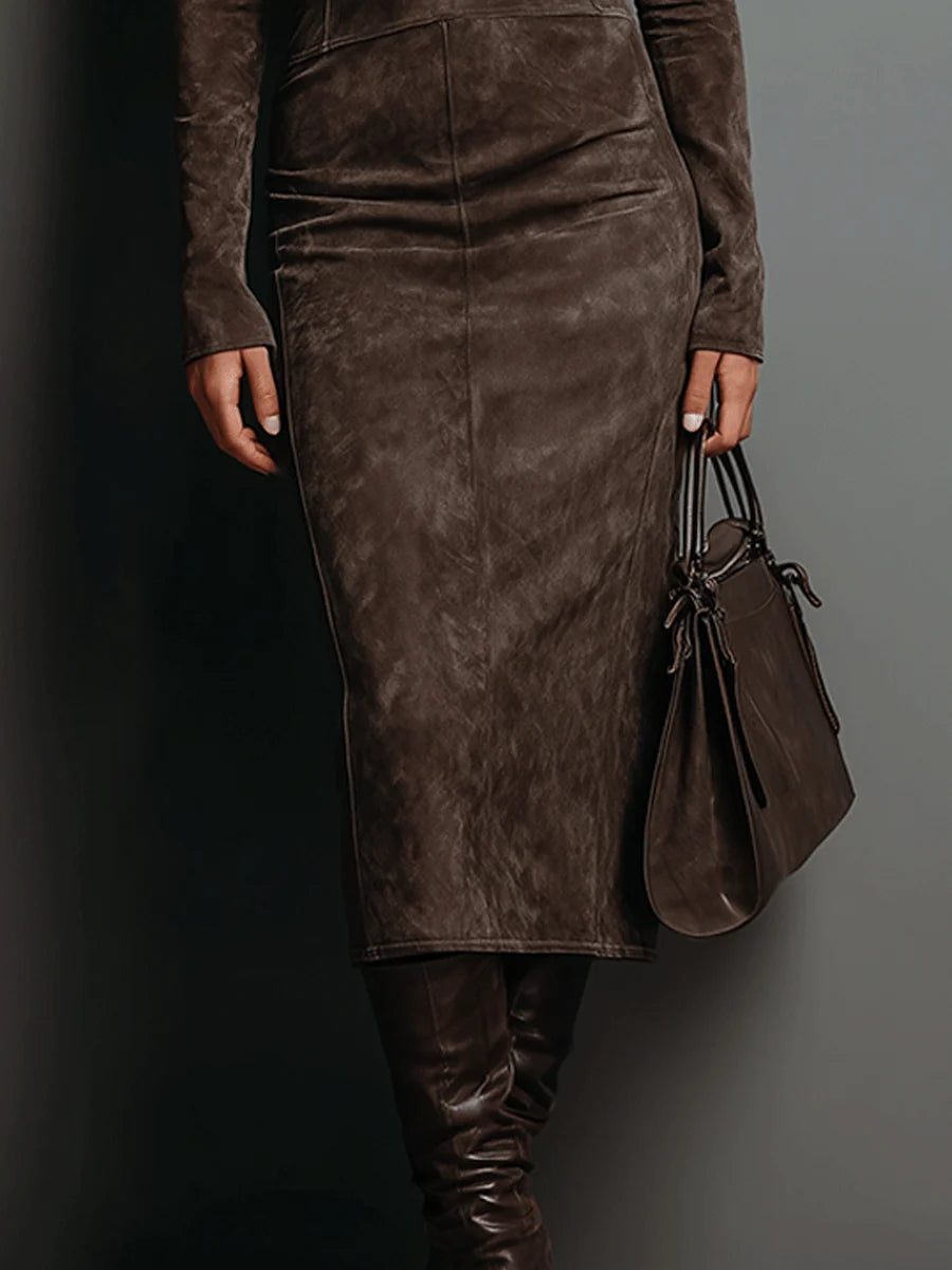 Morgan & Brooke | Long-Sleeve Midi Suede-Feel Dress