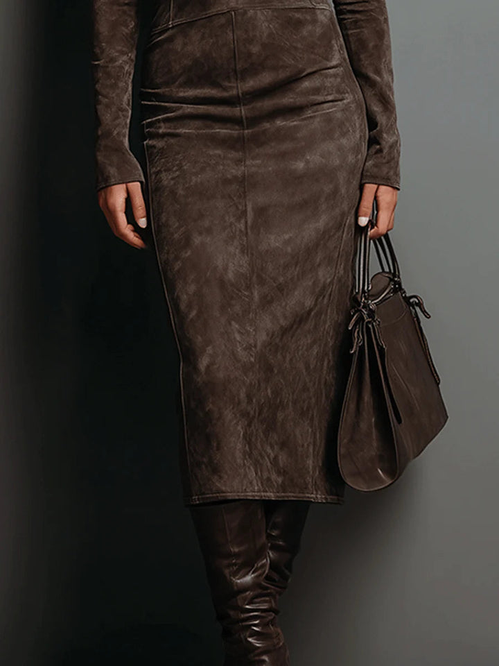 Morgan & Brooke | Long-Sleeve Midi Suede-Feel Dress