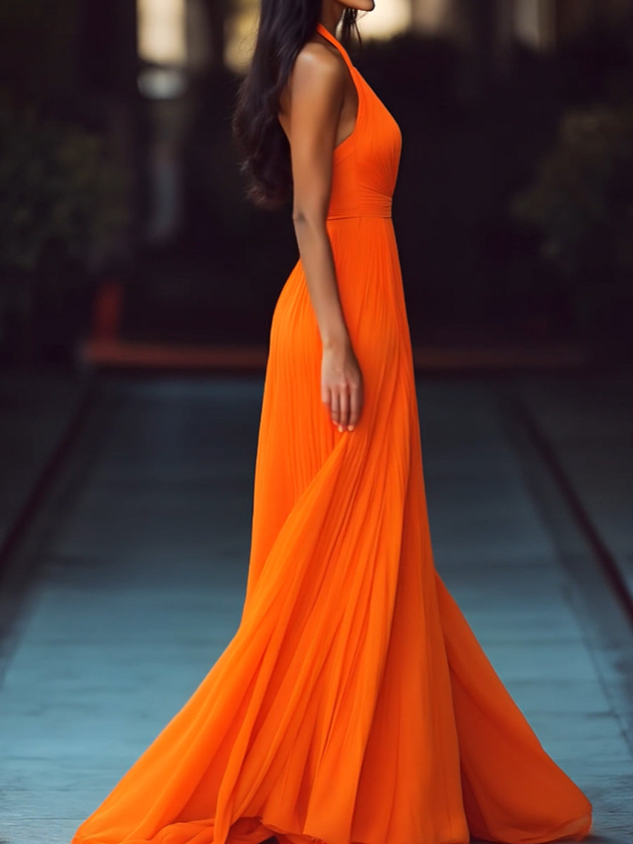 Morgan & Brooke | V-Neck Halter Pleated Chiffon Maxi Dress