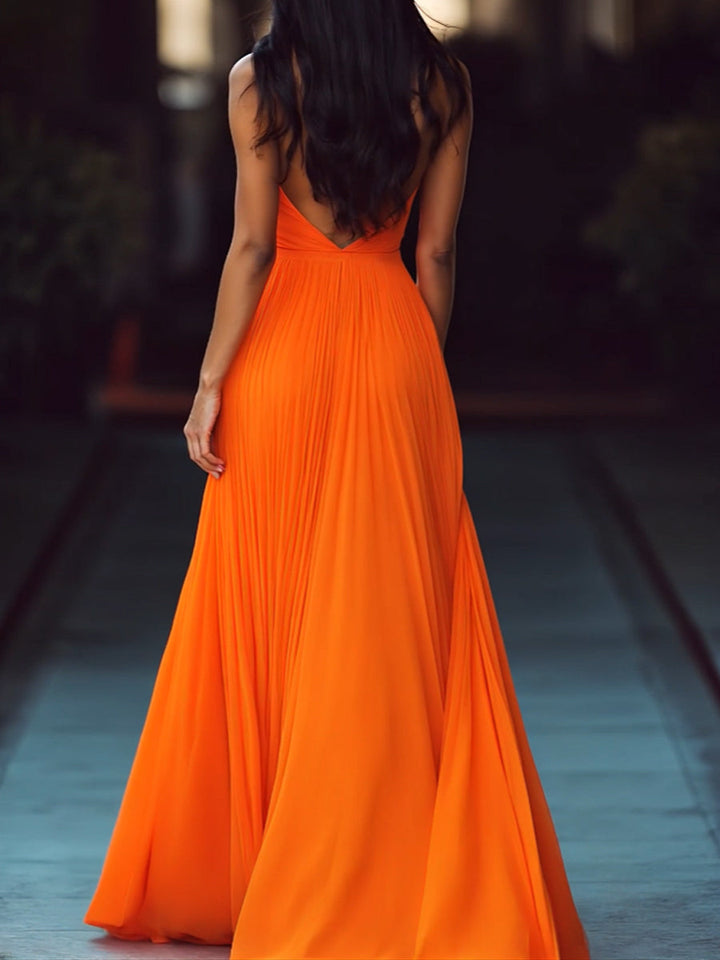 Morgan & Brooke | V-Neck Halter Pleated Chiffon Maxi Dress