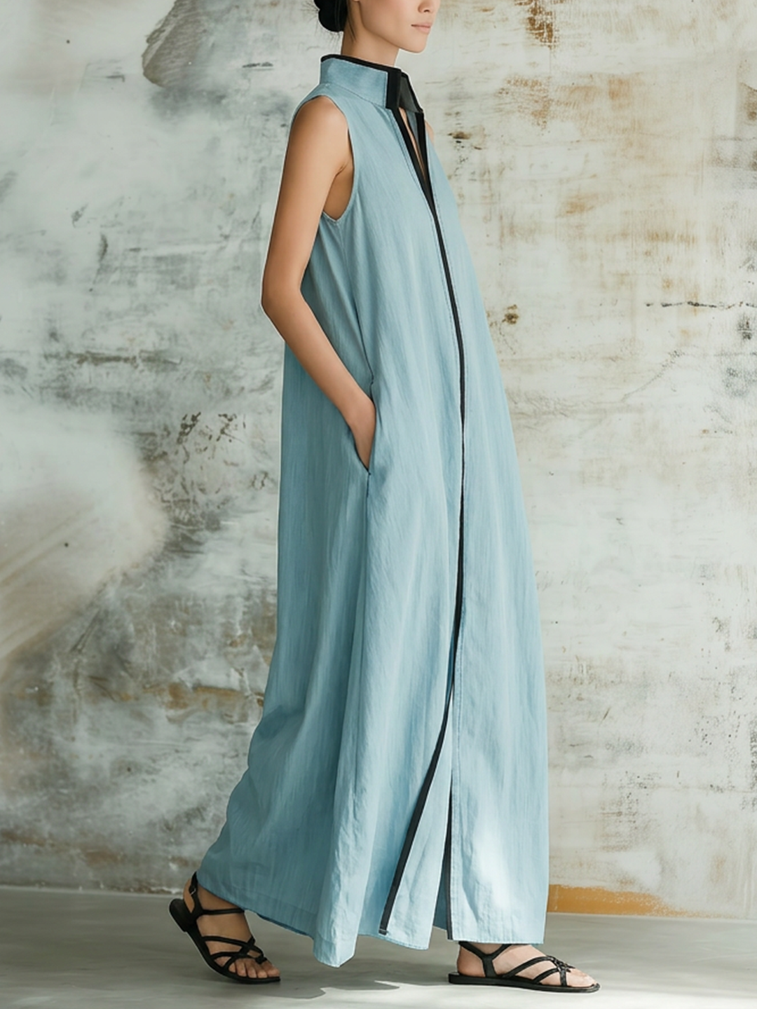 Morgan & Brooke | Dusty Blue Sleeveless Maxi Linen-Blend Dress