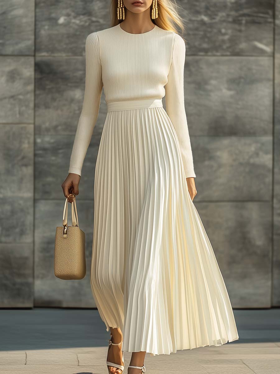 Morgan & Brooke | Cream Satin Pleated Casual Dress