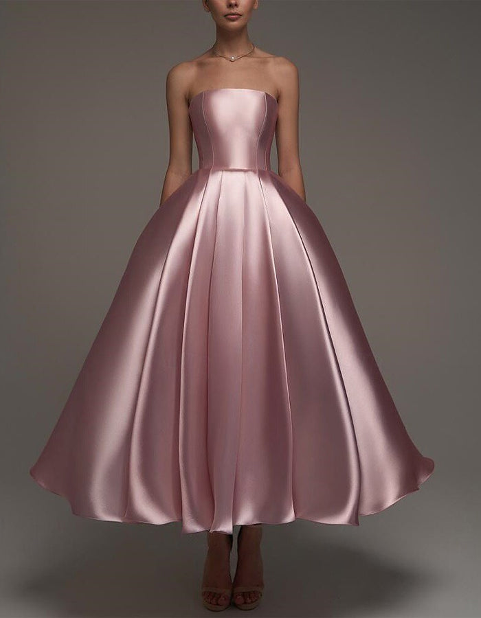 Morgan & Brooke | Pink Satin Strapless A-Line Shawl Dress