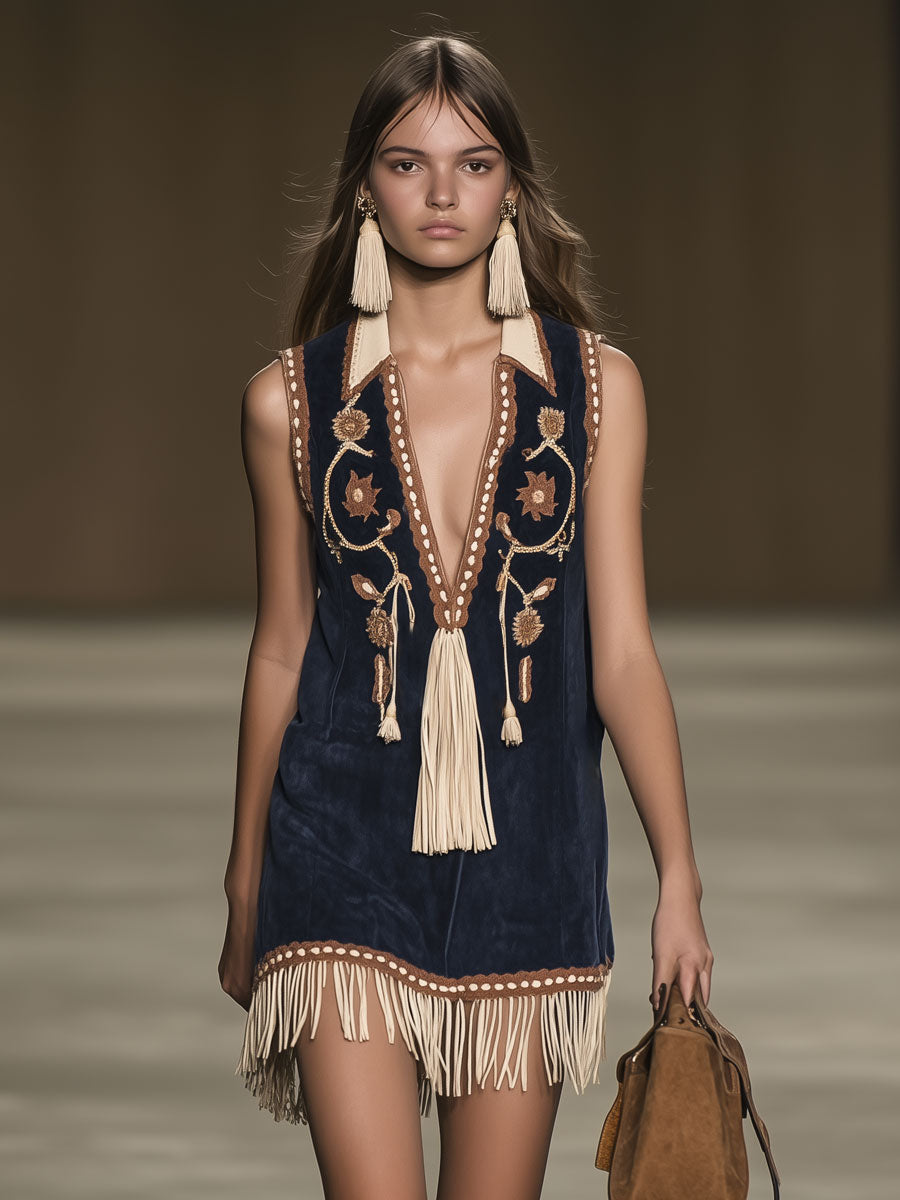 Morgan & Brooke | Red Faux Suede Tassel Western Dress