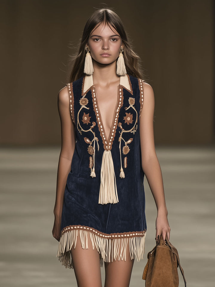 Morgan & Brooke | Red Faux Suede Tassel Western Dress