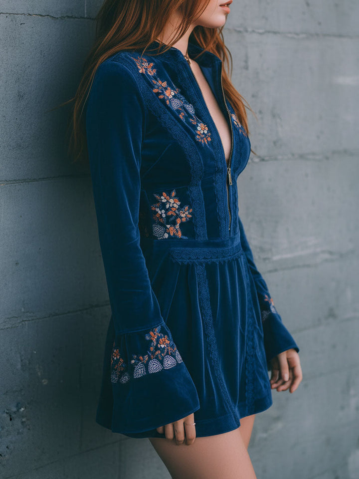 Morgan & Brooke | Blue Velvet Embroidered Casual Dress