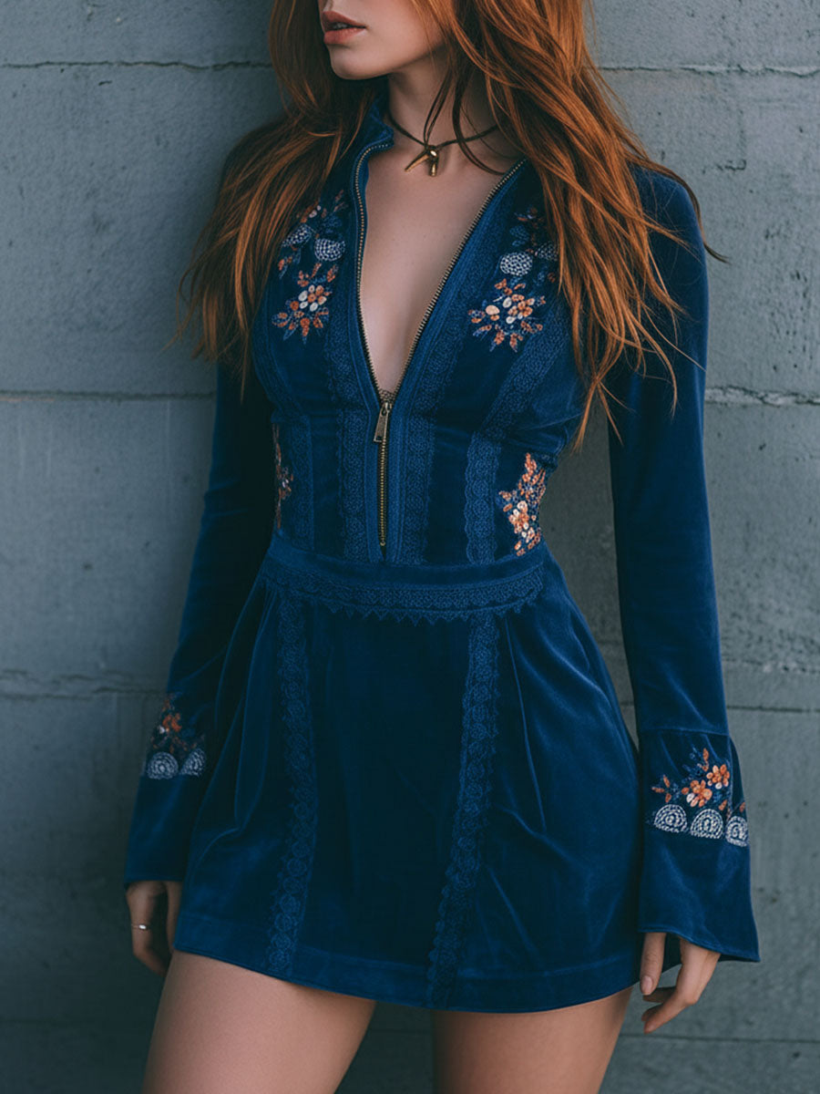 Morgan & Brooke | Blue Velvet Embroidered Casual Dress