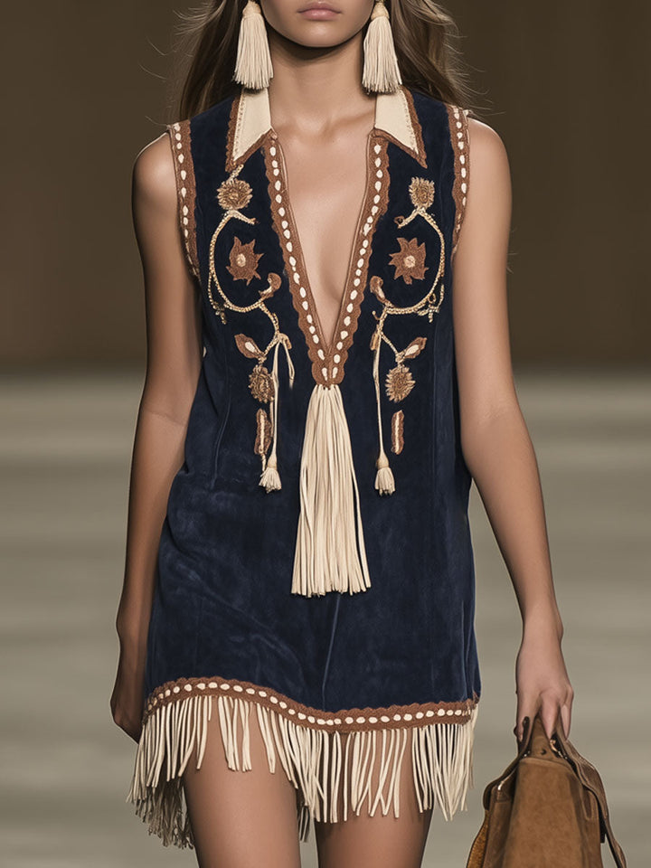 Morgan & Brooke | Red Faux Suede Tassel Western Dress