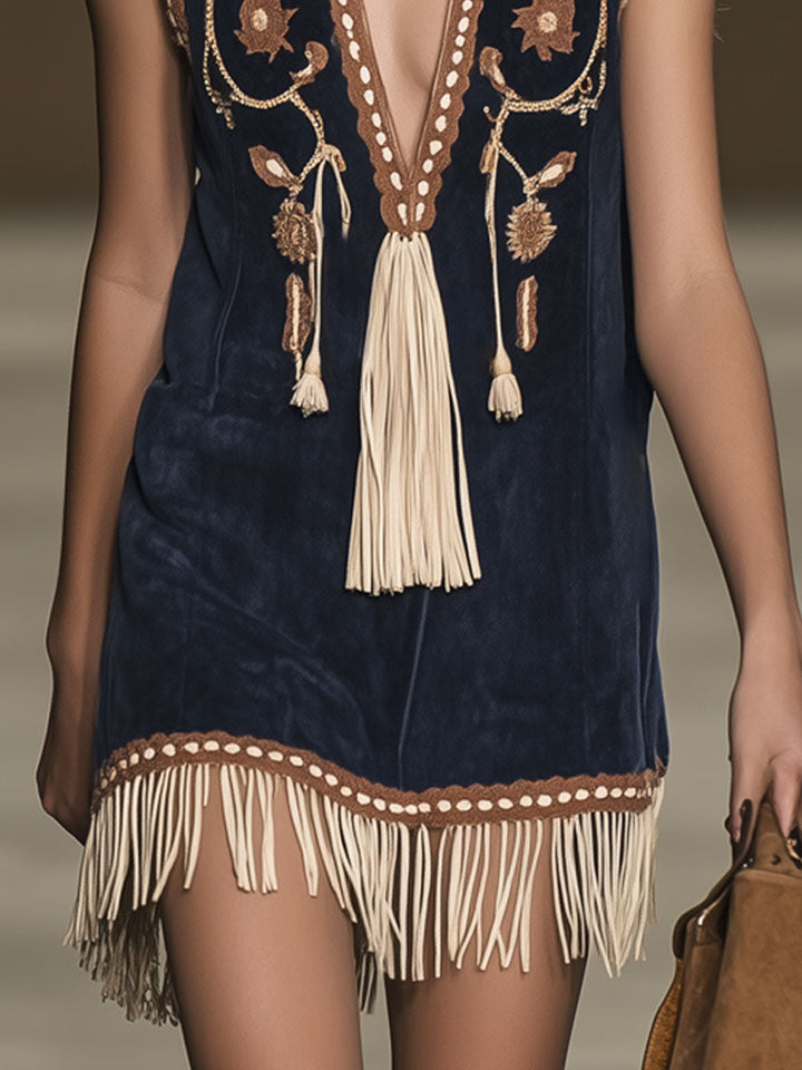 Morgan & Brooke | Red Faux Suede Tassel Western Dress