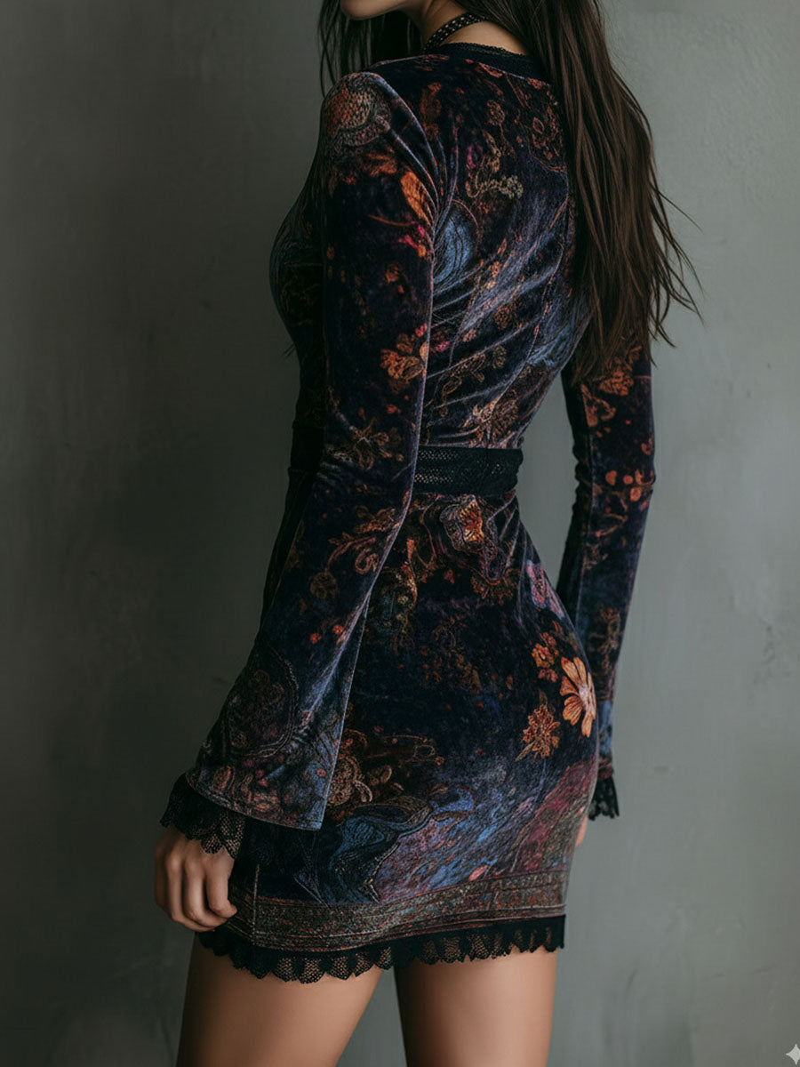 Morgan & Brooke | Boho Floral Print V-Neck Velvet Dress